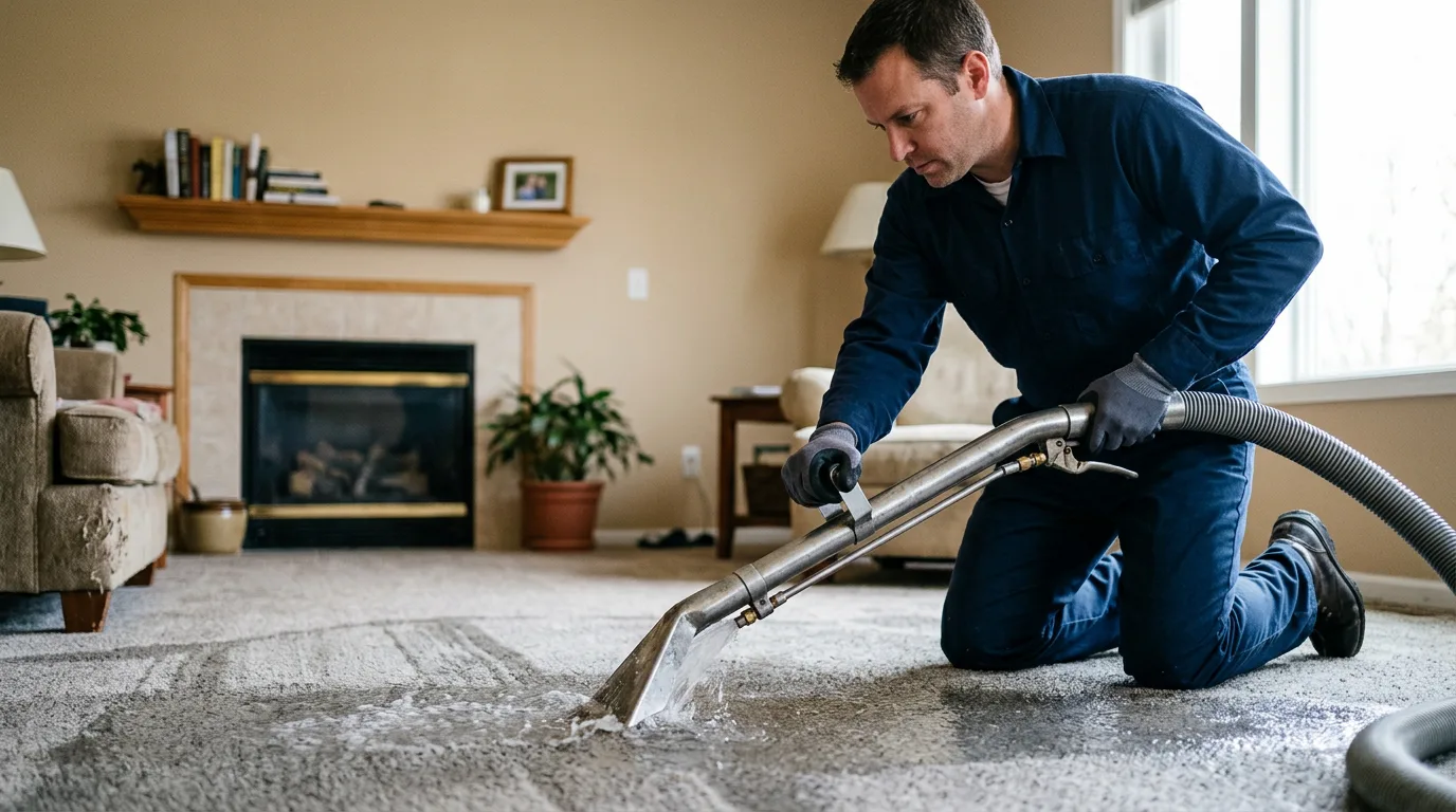 Water damage restoration technician working near Crystal, MI